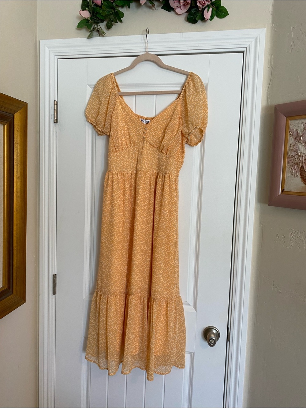 Yellow Puff-Sleeve Midi Dress